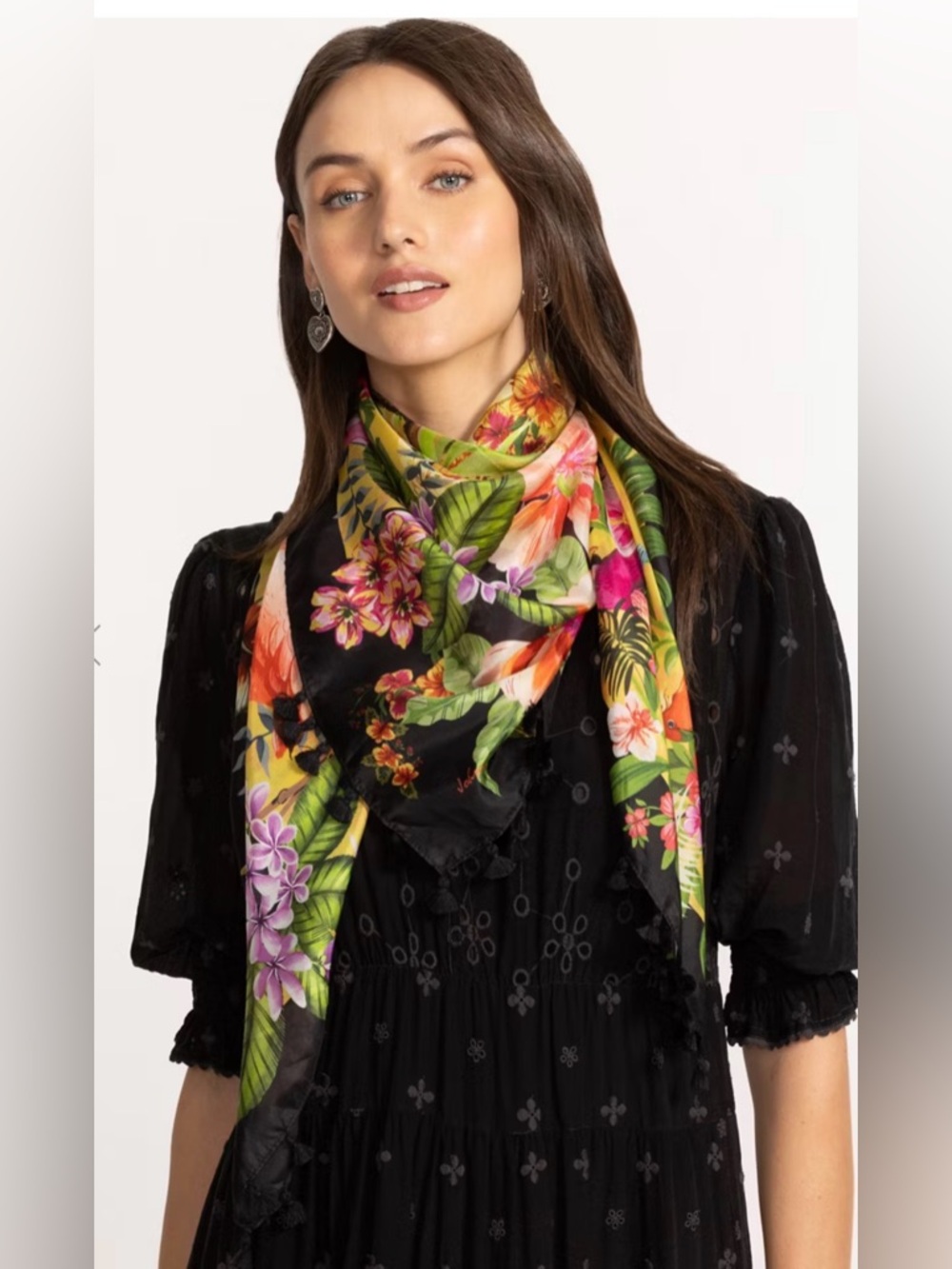 Johnny Was Amorina 100 Silk Scarf Tropical Floral Scarf-Yellow with Pink & Green - Picture 4 of 14